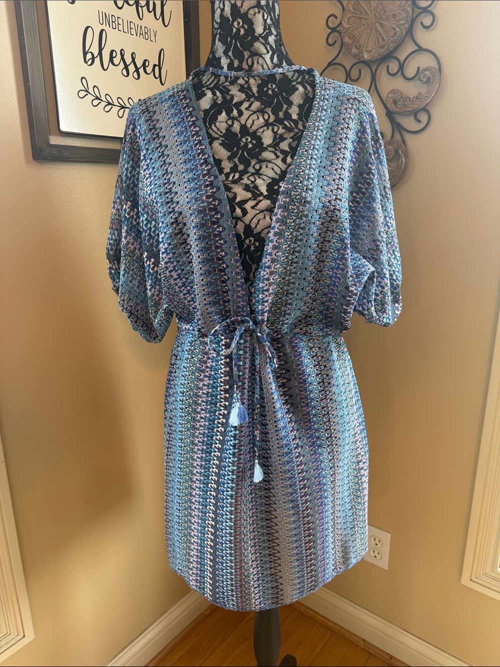 NWOT BECCA Blue Multicolor Tie-Waist Mini Swim Cover up M/L
